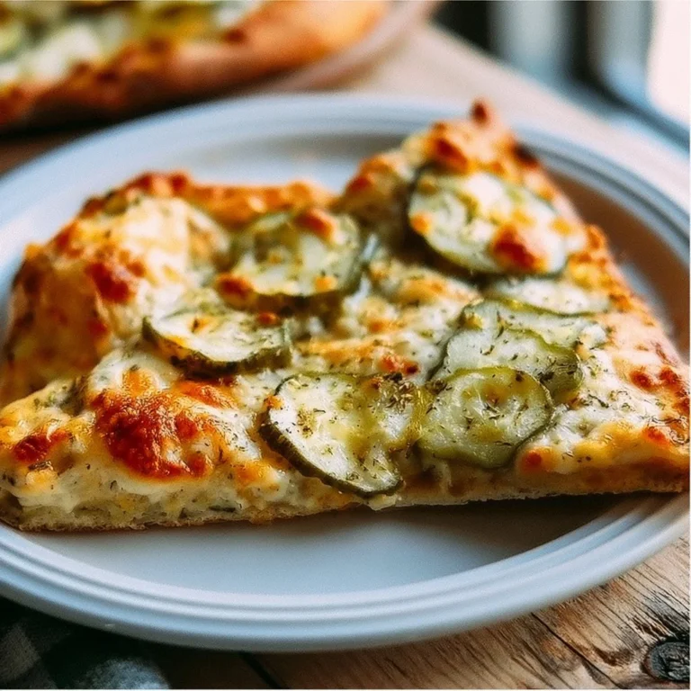 Slice of delicious pickle pizza topped with dill pickles and cheese