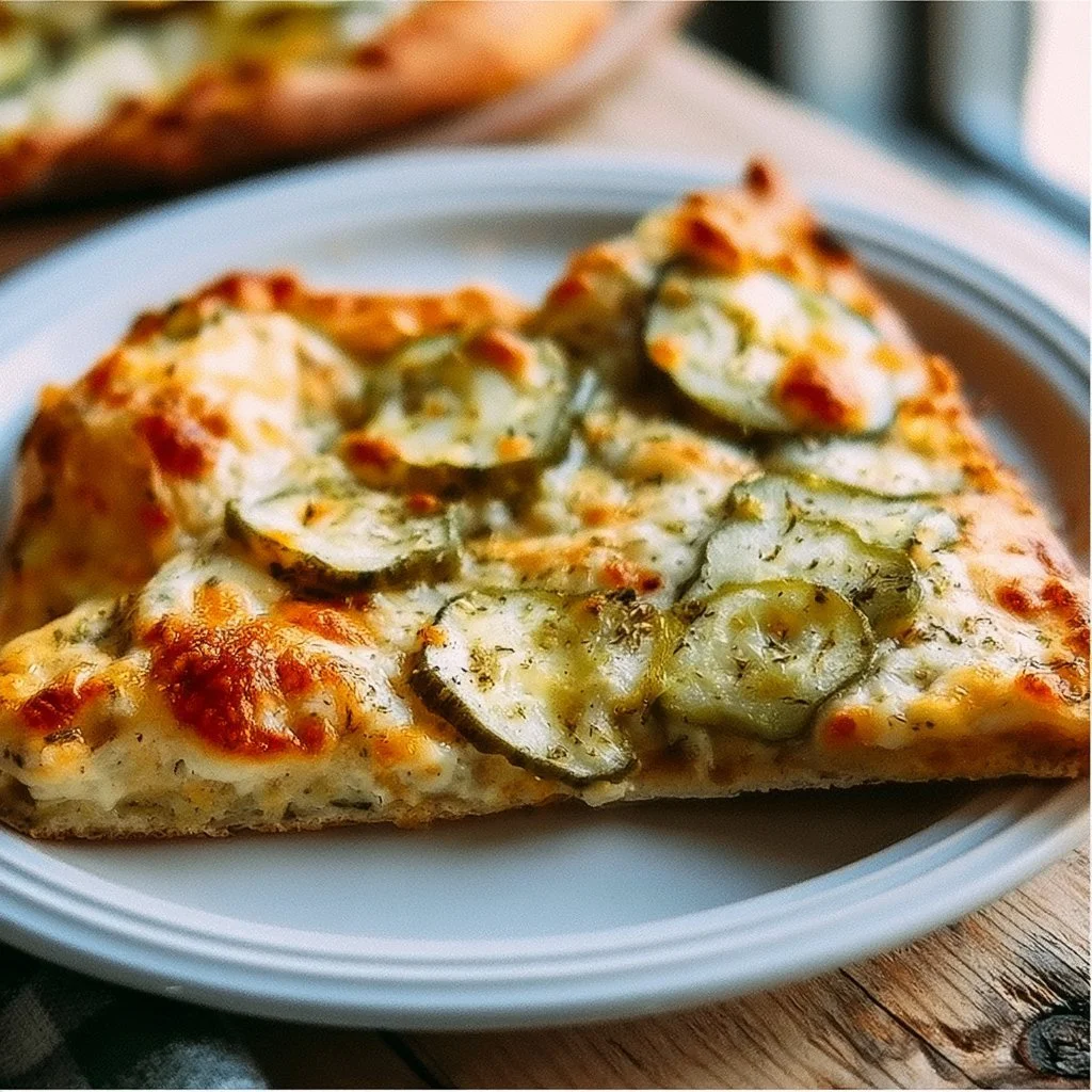 Slice of delicious pickle pizza topped with dill pickles and cheese