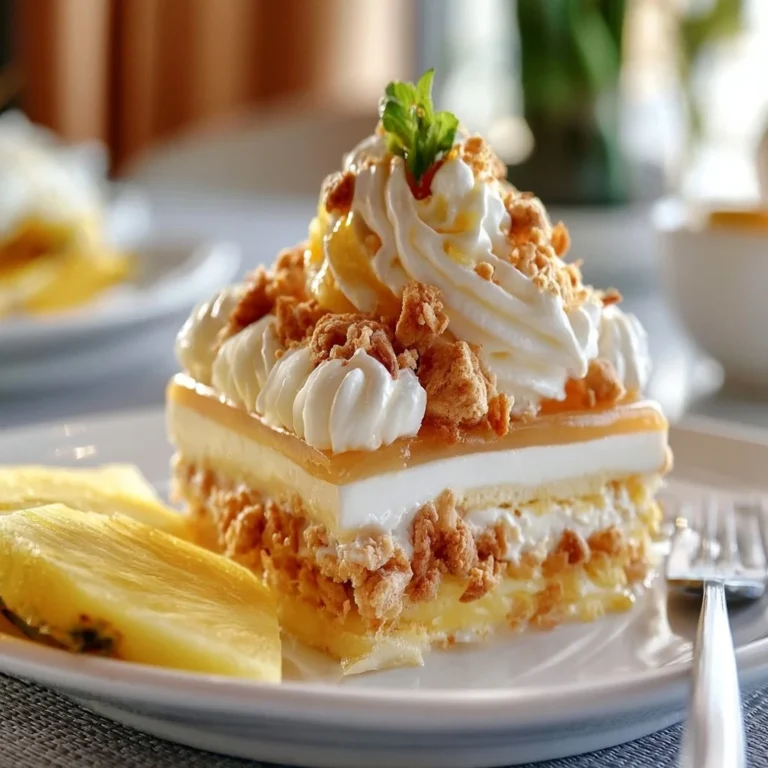 Delicious Pineapple Dream Dessert topped with whipped cream and pineapple slices