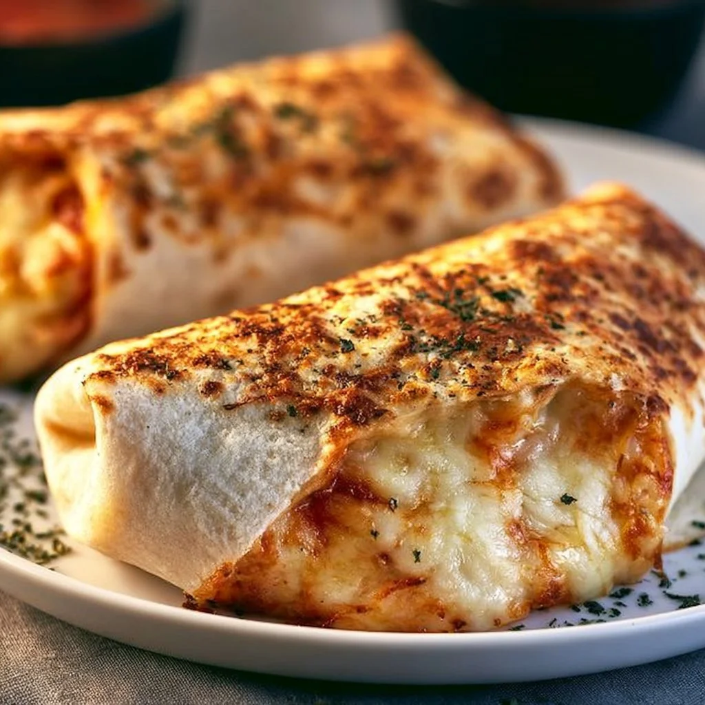 Delicious pizza burritos showcasing a fusion of pizza and burrito ingredients.