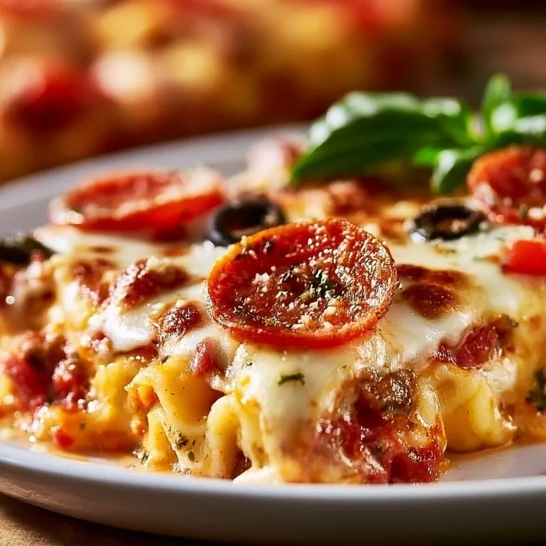 Delicious Pizza Casserole baked with cheese, pepperoni, and colorful vegetables