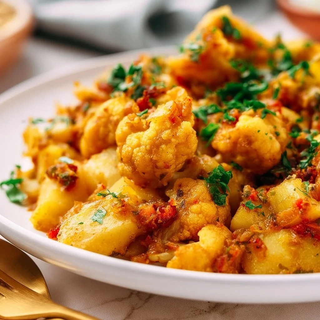 A bowl of Potato Cauliflower dish garnished with herbs
