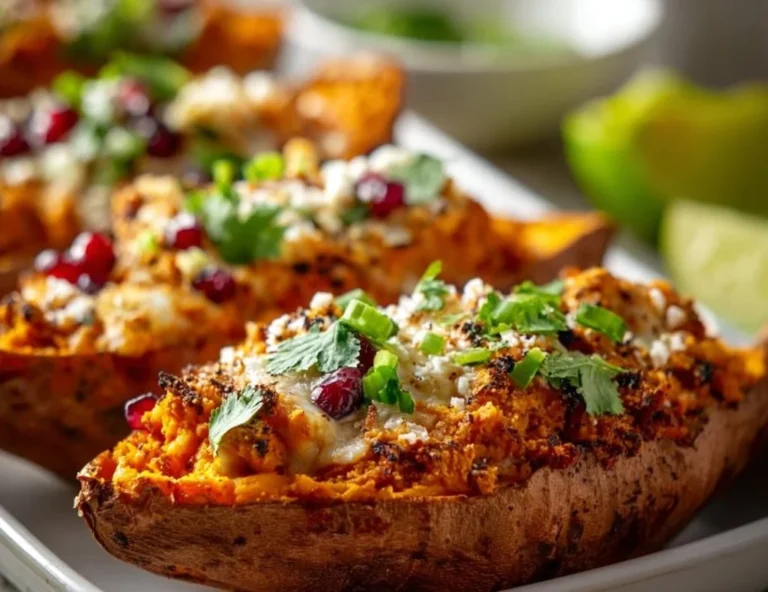 Protein loaded sweet potato boats garnished with herbs and toppings.