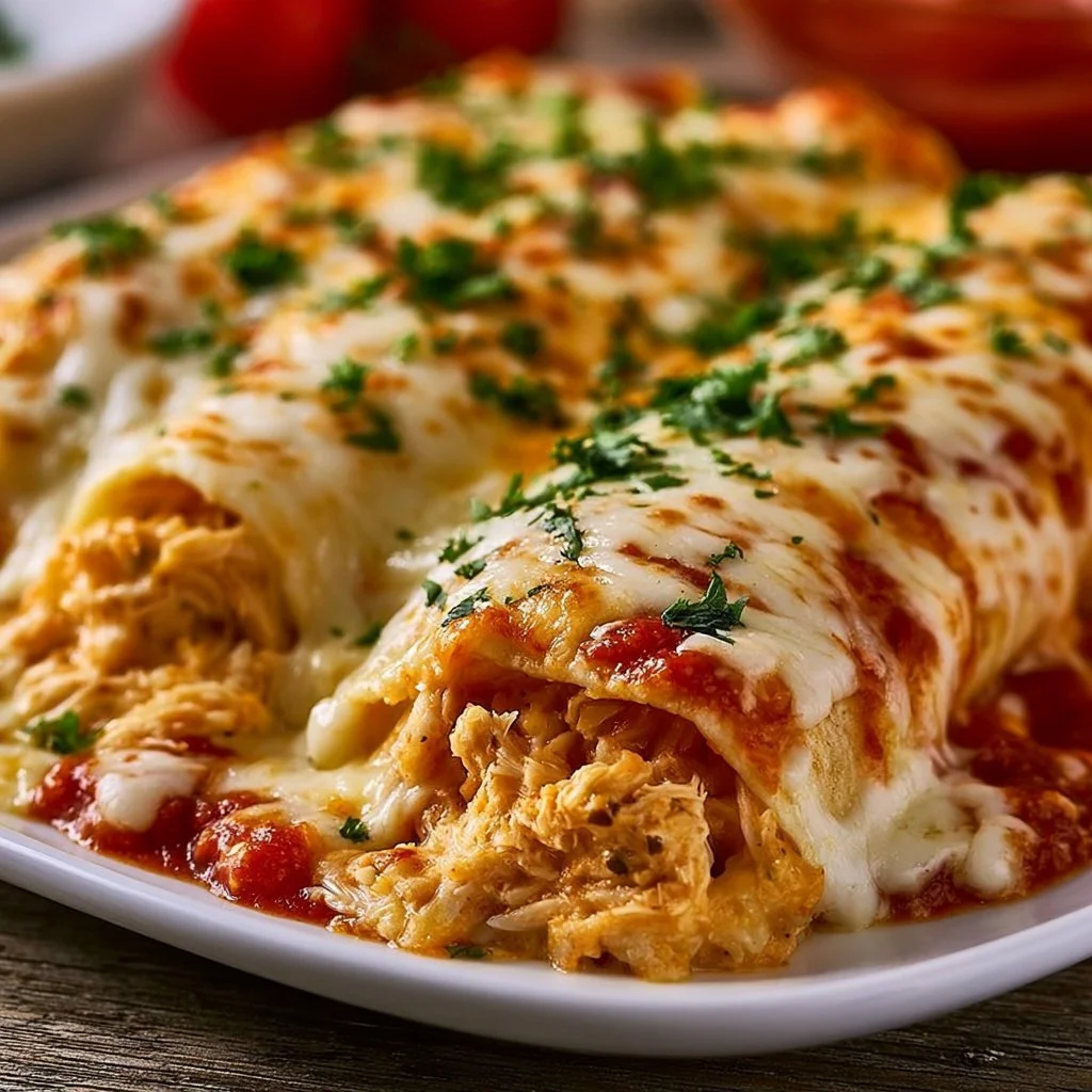 Delicious plate of healthy chicken enchiladas topped with cheese and fresh ingredients