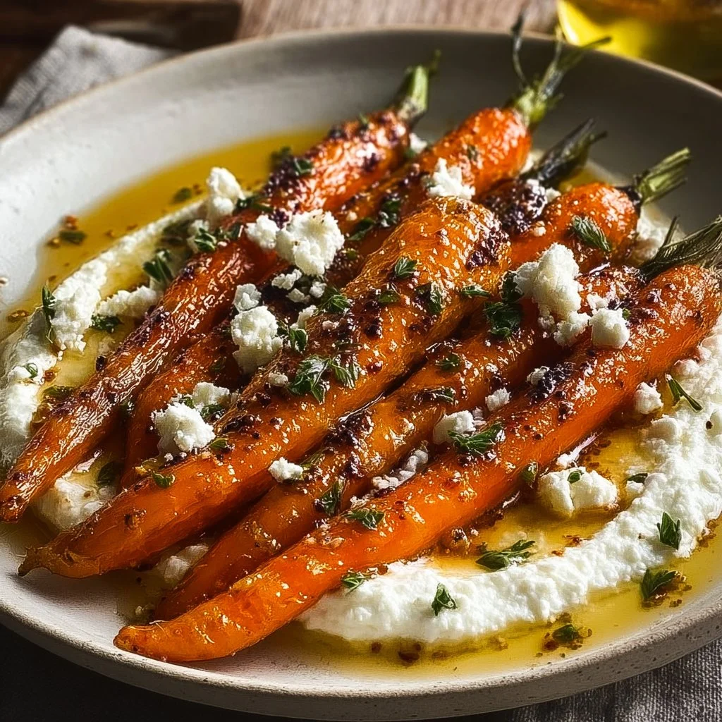 Plate of roasted carrots with ricotta and drizzled hot honey