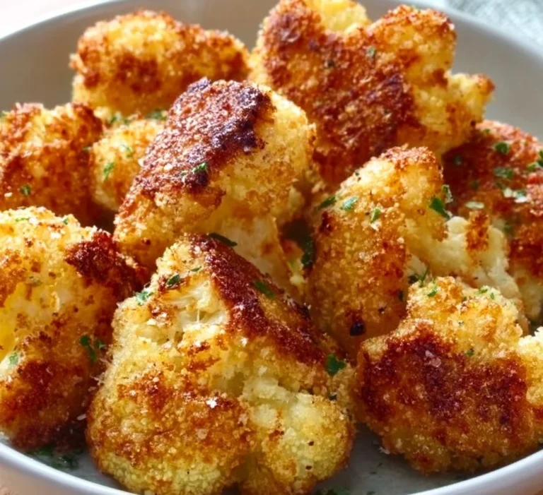 Roasted parmesan cauliflower bites on a plate, a healthy delicious snack