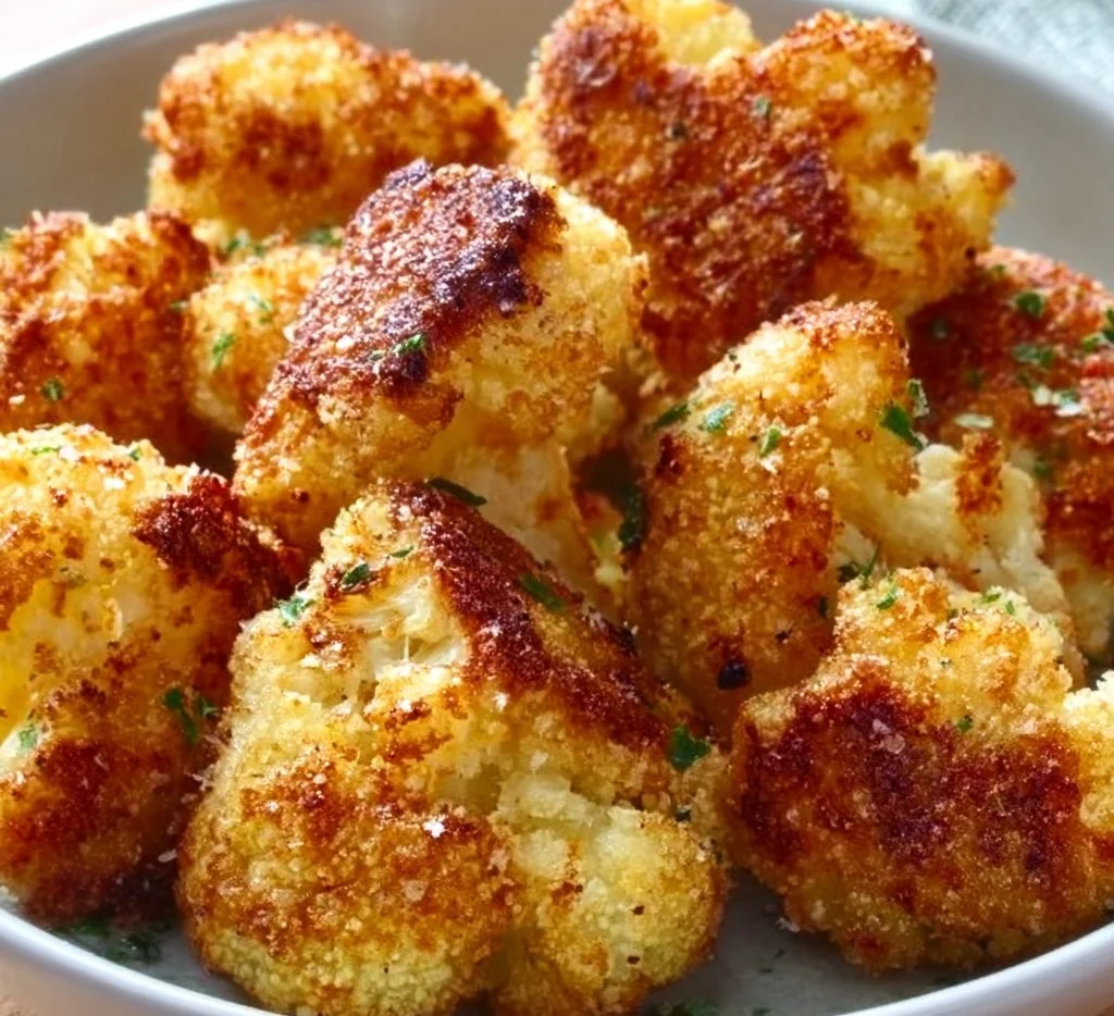 Roasted parmesan cauliflower bites on a plate, a healthy delicious snack