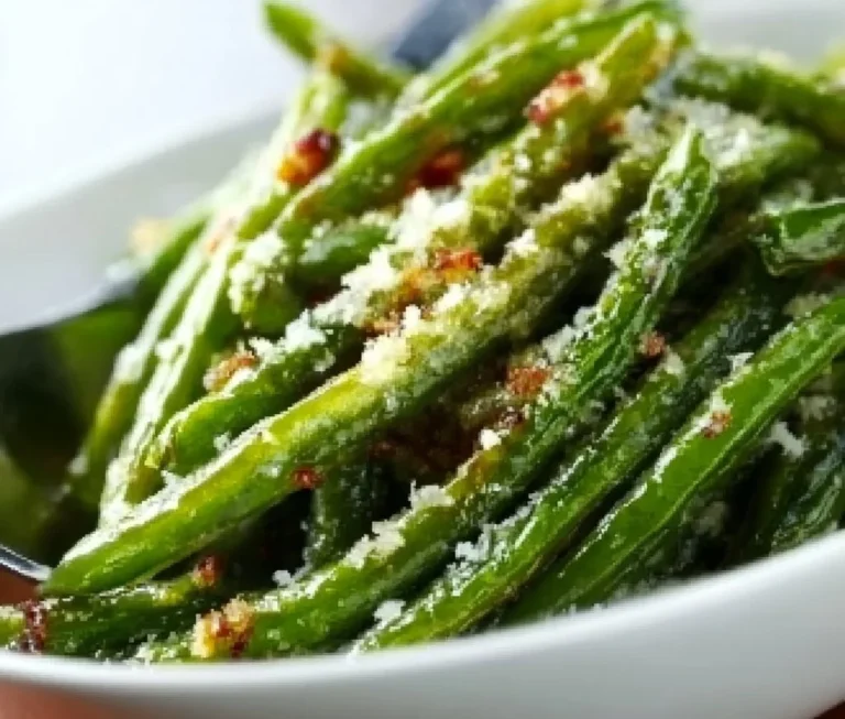 Plate of roasted Parmesan green beans garnished with herbs