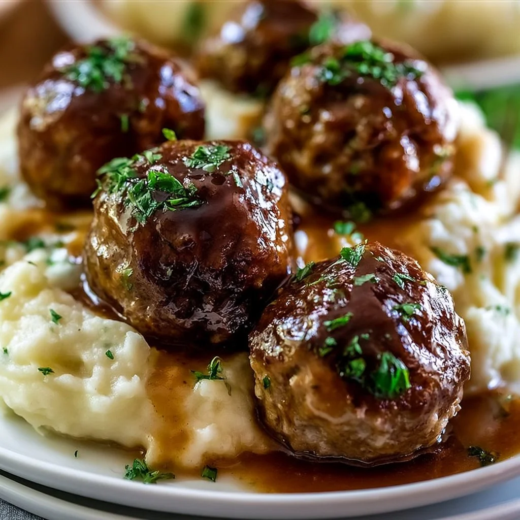 Salisbury Steak Meatballs with Garlic Herb Mashed Potatoes