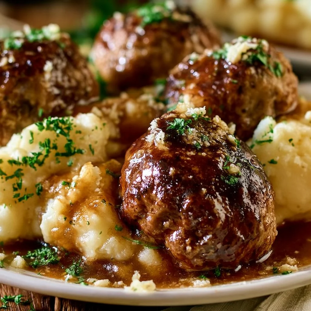 Salisbury Steak Meatballs with Garlic Herb Mashed Potatoes