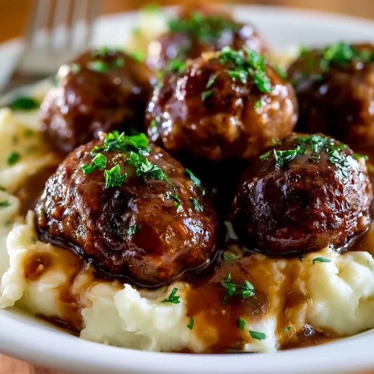 Salisbury steak meatballs served with garlic herb mashed potatoes on a plate.
