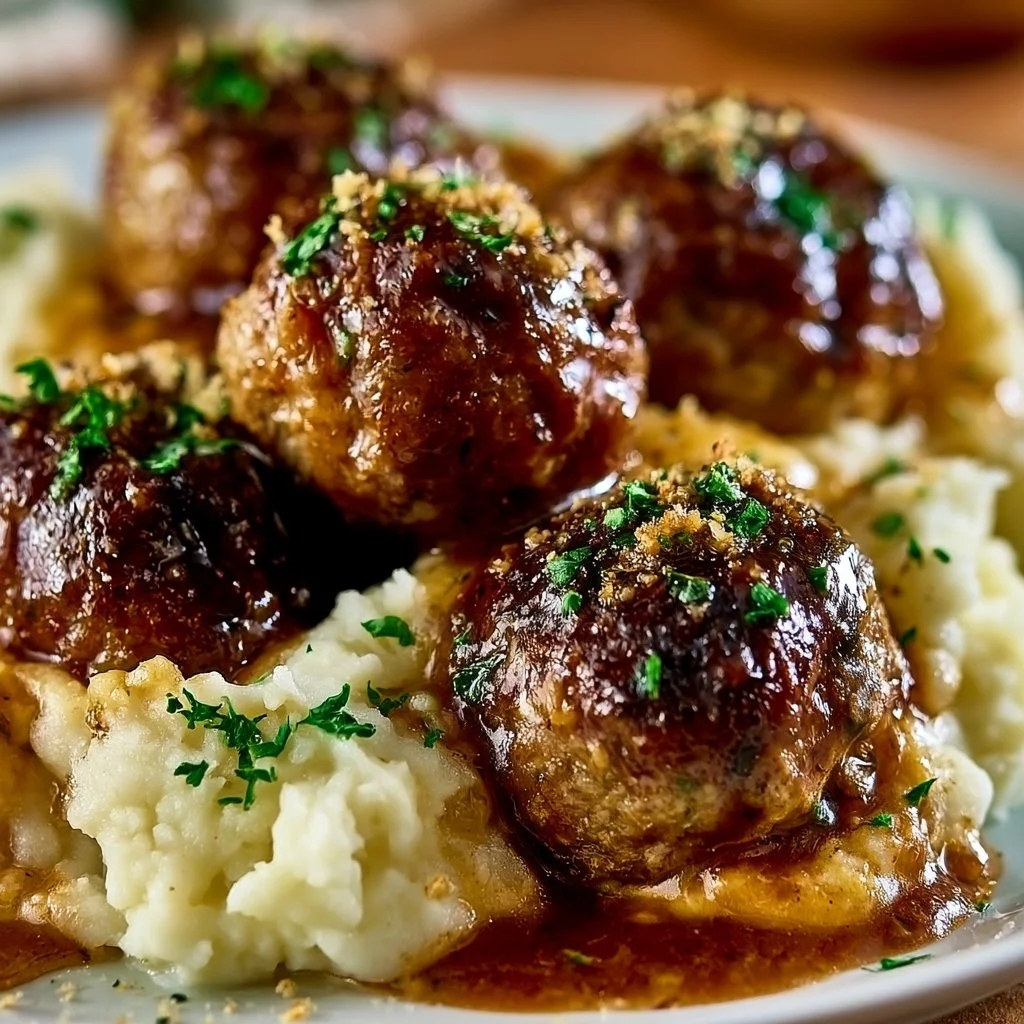 Salisbury Steak Meatballs with Garlic Herb Mashed Potatoes