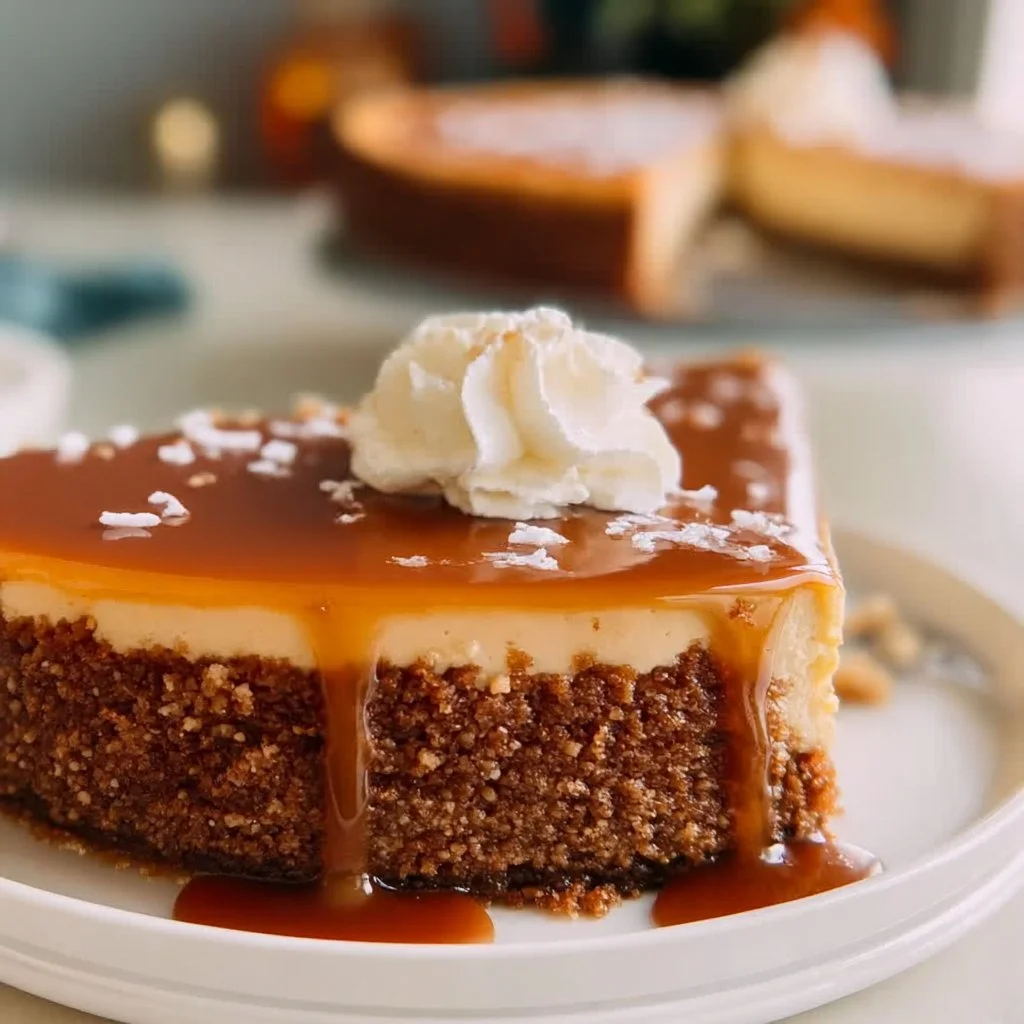 Delicious salted caramel cheesecake topped with caramel drizzle and sea salt.