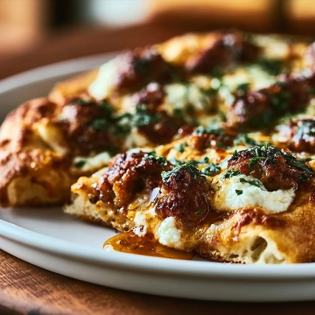 Sausage Ricotta Hot Honey Pizza with fresh ingredients and a hint of sweetness