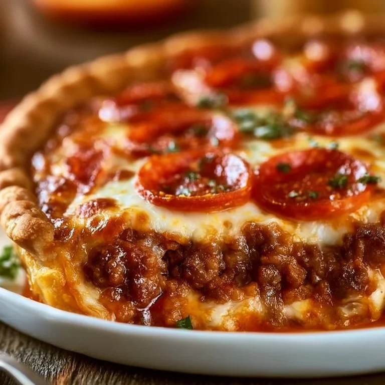 Savory hamburger pie with sausage and pepperoni, perfect for comfort food cravings.