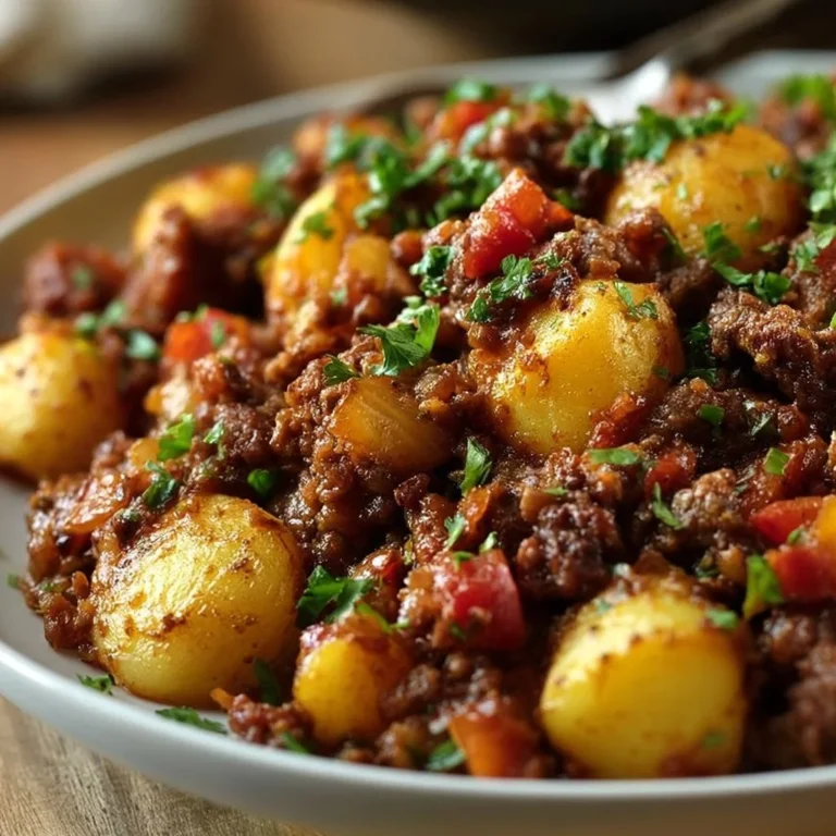 Skillet Ground Beef and Potatoes Dinner served in a cast-iron skillet