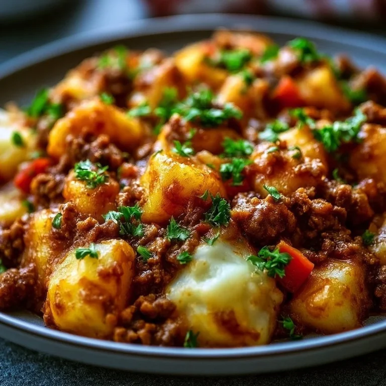 Delicious Sloppy Joe Potato Skillet served in a cast iron pan topped with fresh herbs