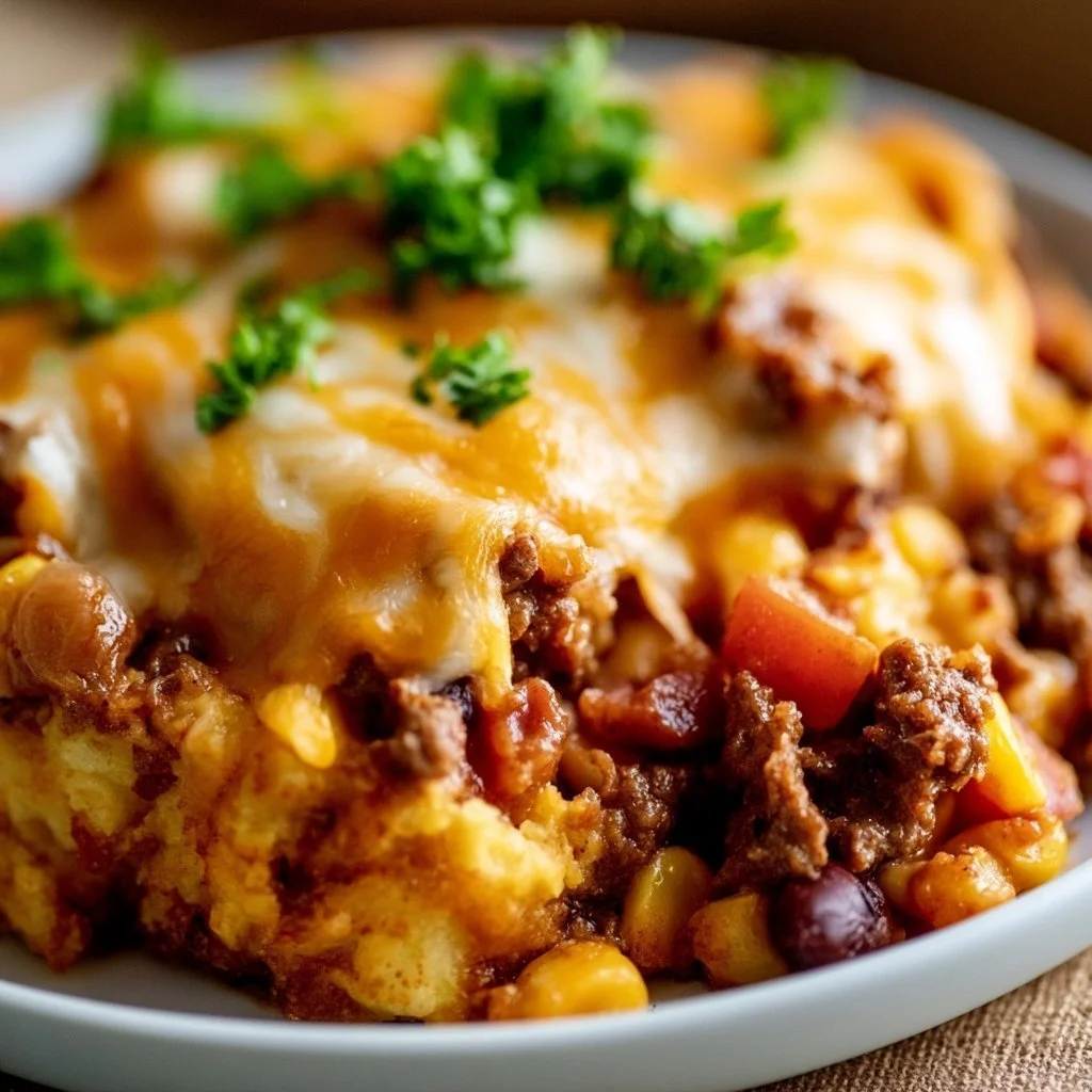 Delicious Slow Cooker Cowboy Casserole served in a bowl