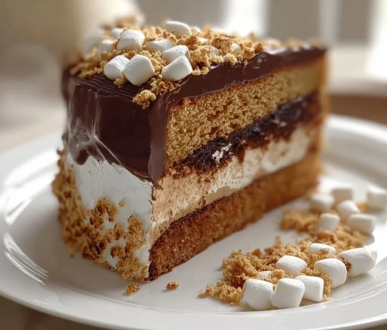 Delicious S'mores Cake with chocolate layers and marshmallow topping.