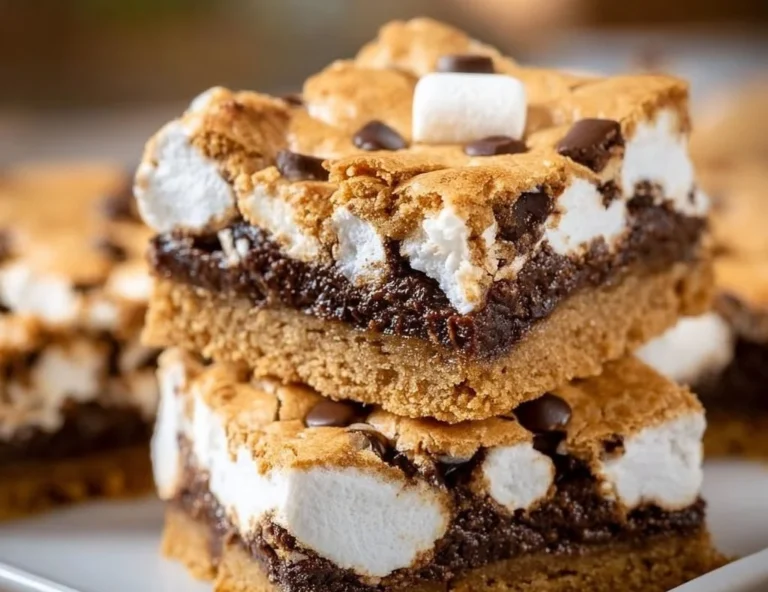Delicious S'mores Cookie Bars topped with chocolate and marshmallows.