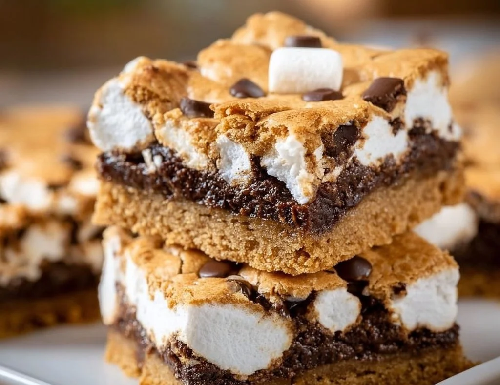 Delicious S'mores Cookie Bars topped with chocolate and marshmallows.
