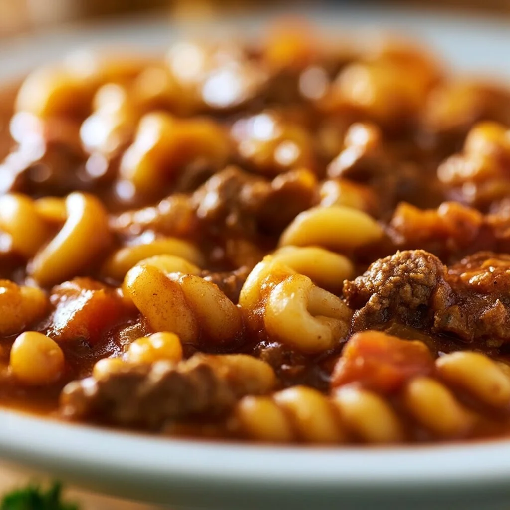 Bowl of Southern Style Goulash with herbs and fresh ingredients