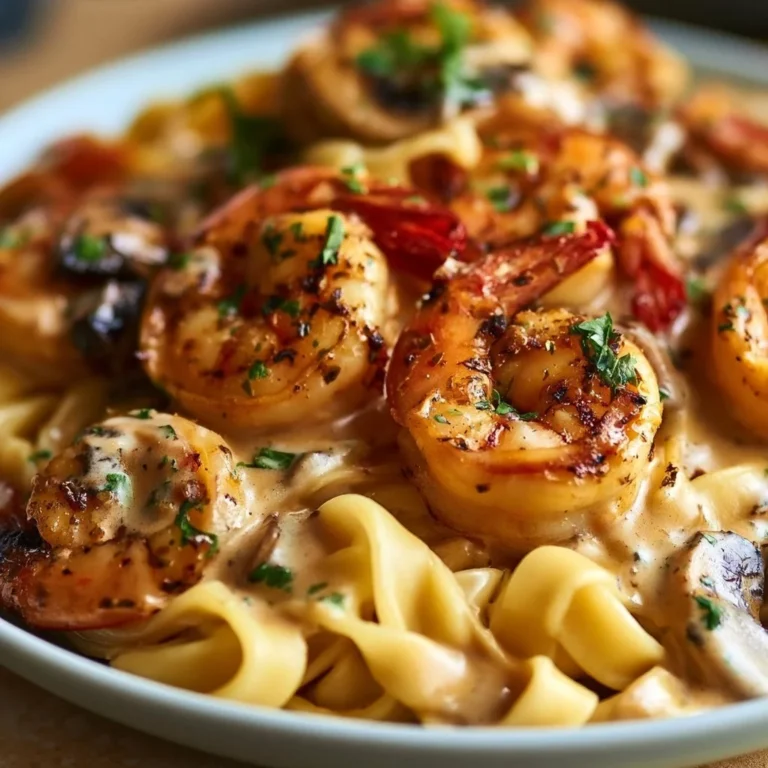 Spicy blackened shrimp stroganoff served in a creamy sauce with pasta.