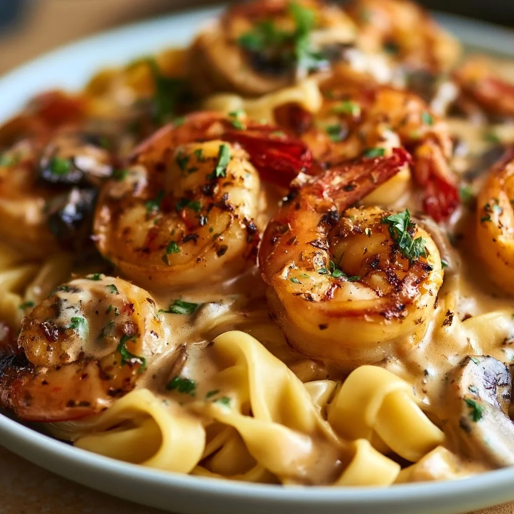 Spicy blackened shrimp stroganoff served in a creamy sauce with pasta.