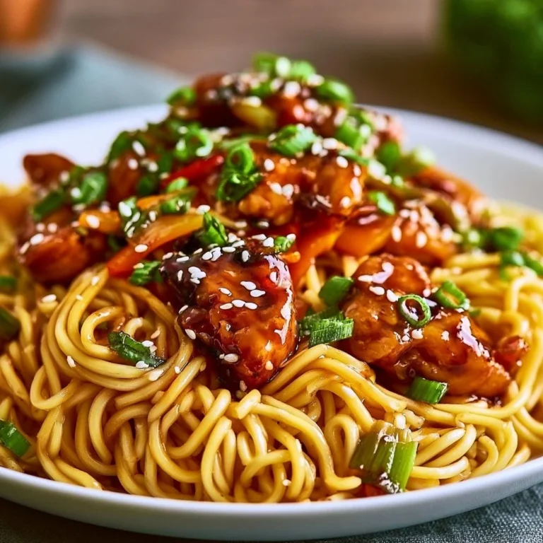 Delicious sticky garlic chicken noodles garnished with vegetables