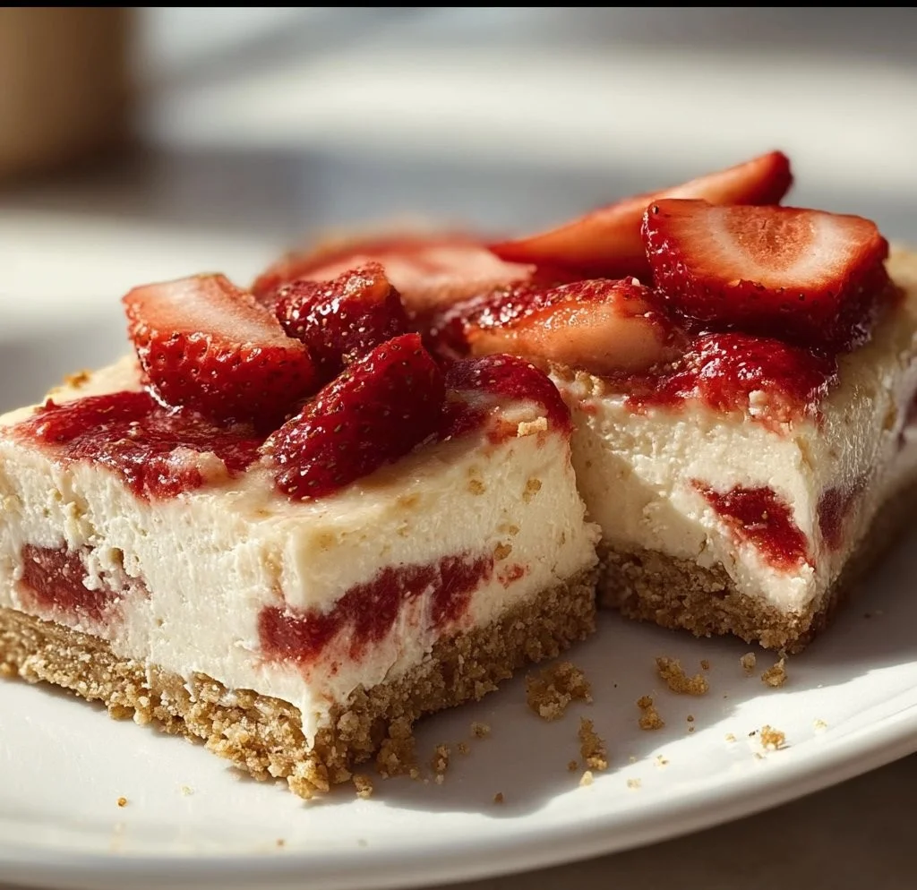 Delicious strawberry cheesecake bars topped with fresh strawberries and whipped cream.