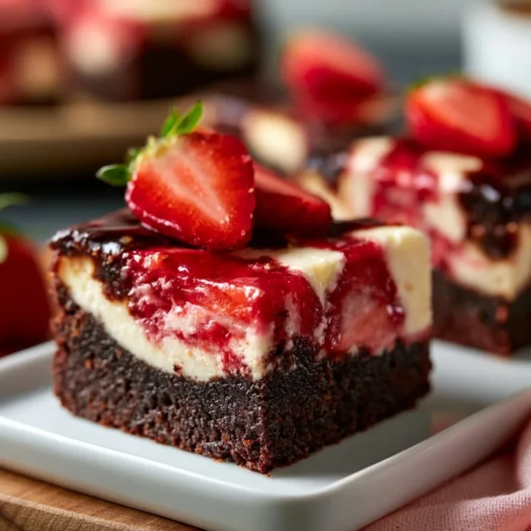 Decadent strawberry cheesecake brownies with creamy topping and fresh strawberries.