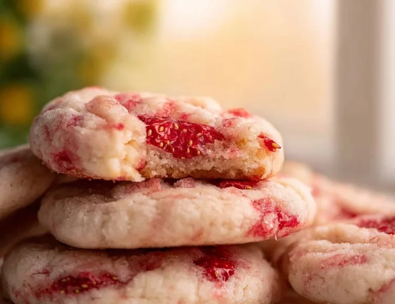 Strawberry cheesecake cookies fresh out of the oven, topped with strawberries.