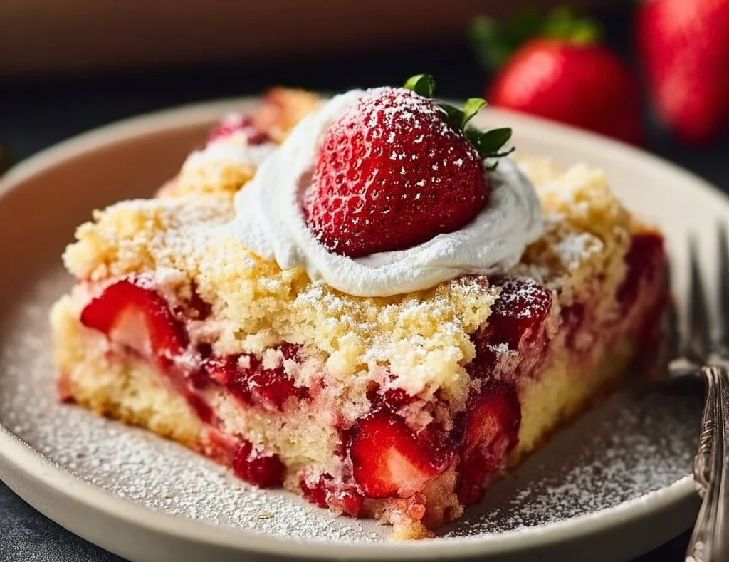 A delicious strawberry cheesecake dump cake topped with fresh strawberries.