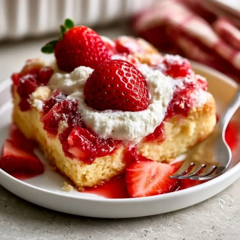 Delicious Strawberry Cheesecake Dump Cake topped with fresh strawberries and whipped cream