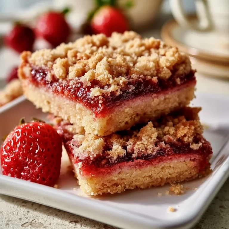 Homemade strawberry crumb bars with a golden crisp topping and fresh strawberries
