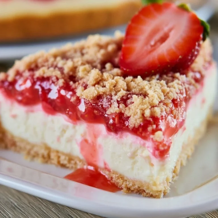 Slice of Strawberry Crunch Cheesecake with a strawberry garnish