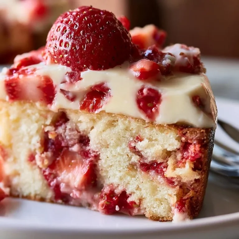 Delicious slice of Strawberry Earthquake Cake topped with fresh strawberries