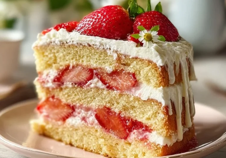 Delicious Strawberry Heaven Cake topped with fresh strawberries and whipped cream