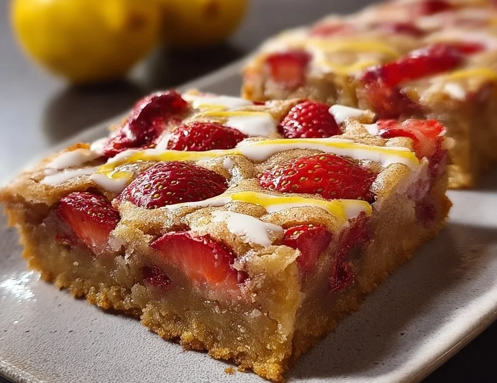 Delicious Strawberry Lemon Blondies topped with fresh strawberries and lemon zest