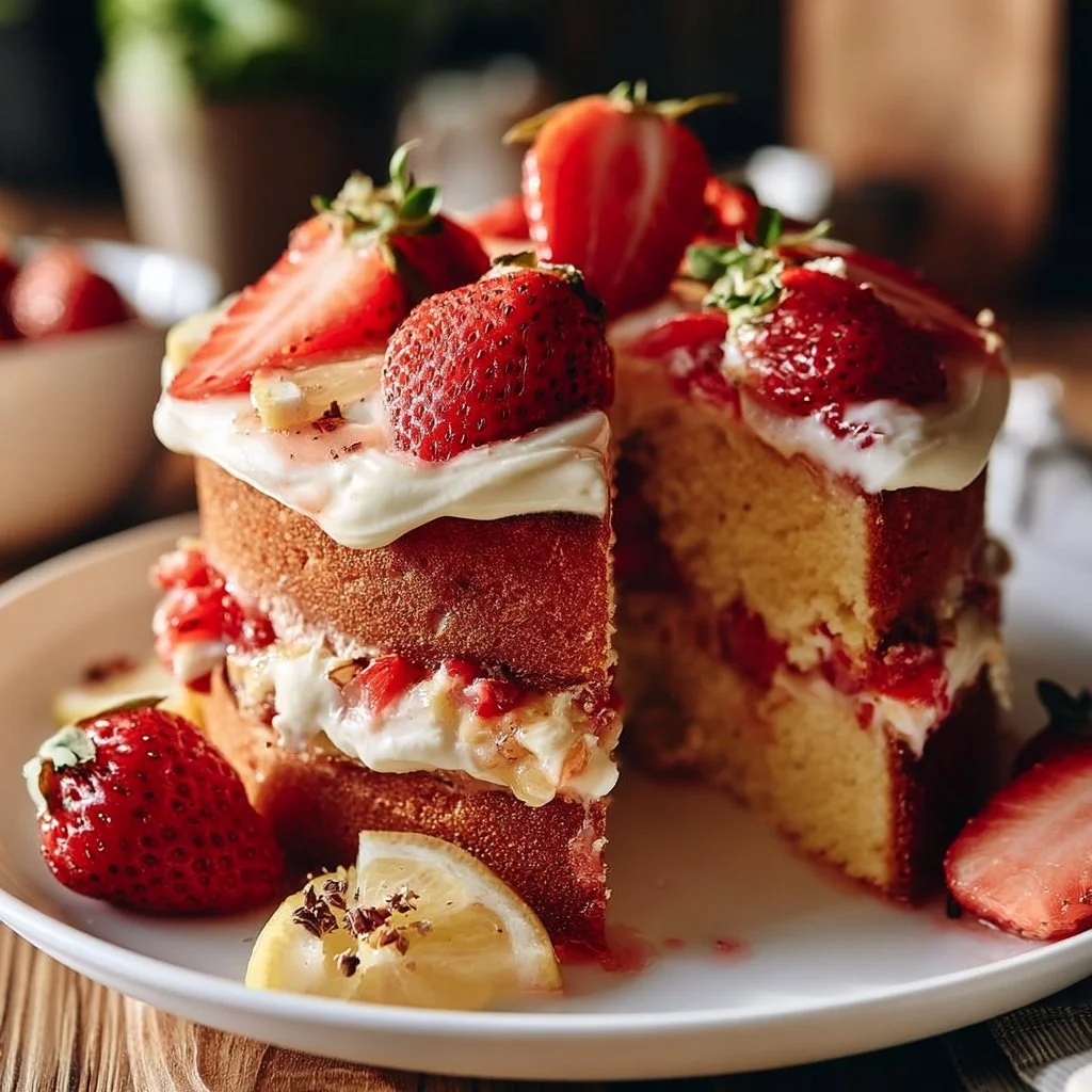 Freshly baked strawberry lemon cake topped with strawberries and lemon slices