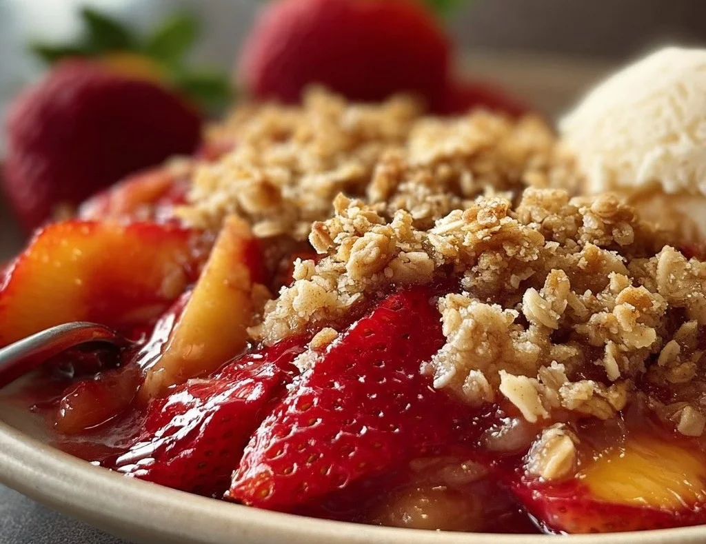 Fresh Strawberry Peach Crisp topped with a golden, crunchy crumble