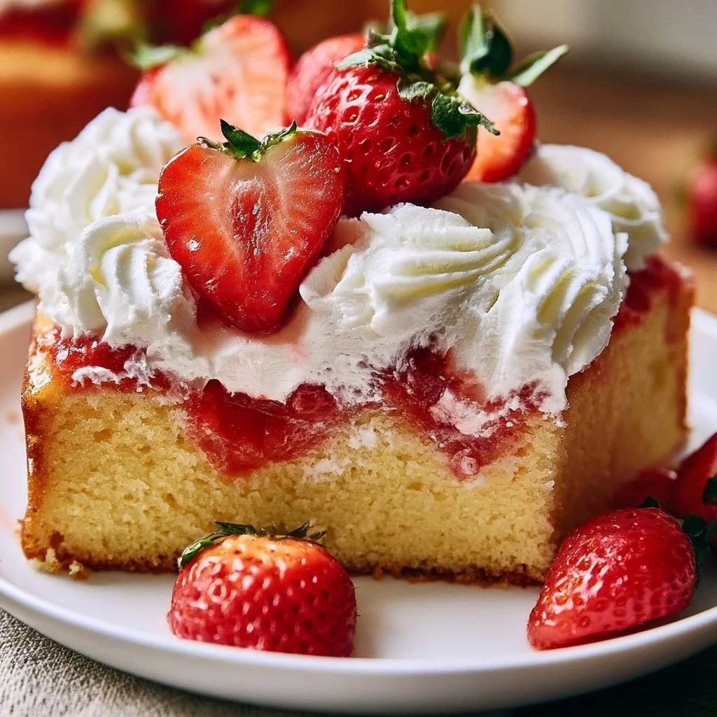 Slice of strawberry poke cake topped with fresh strawberries and whipped cream.
