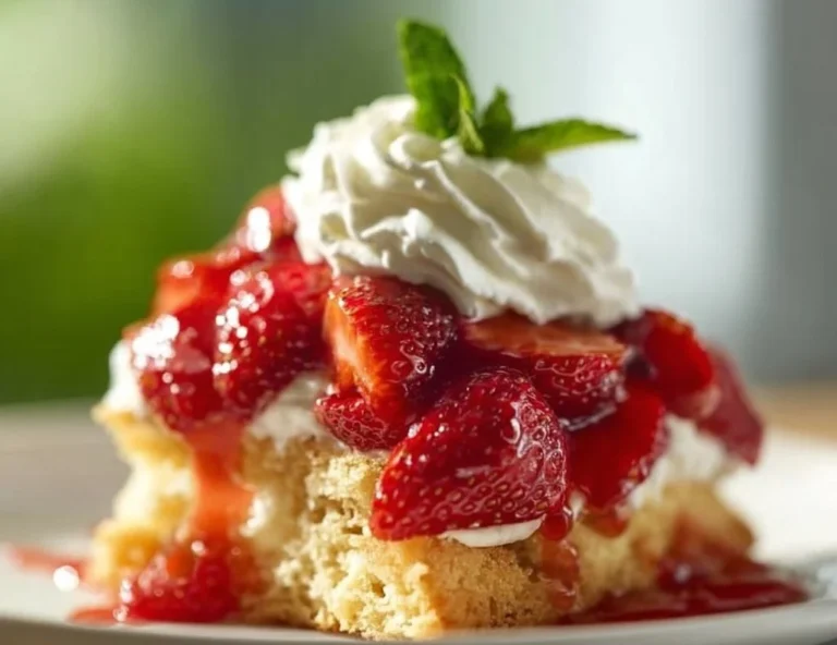 Delicious homemade Strawberry Shortcake topped with fresh strawberries and whipped cream