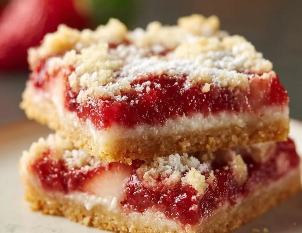 Homemade Strawberry Shortcake Bars topped with fresh strawberries and whipped cream