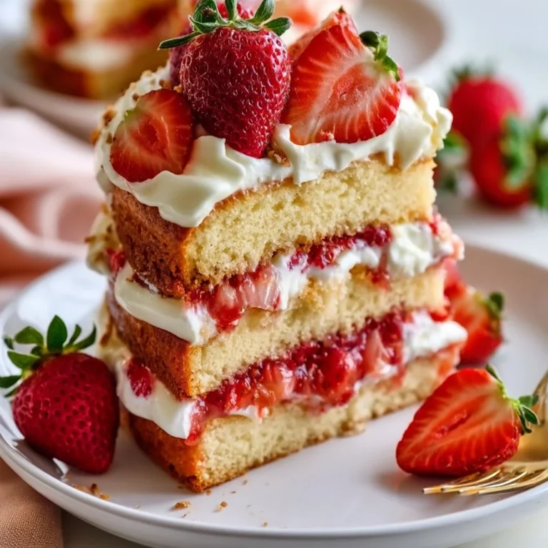 Delicious homemade Strawberry Shortcake Cake topped with fresh strawberries