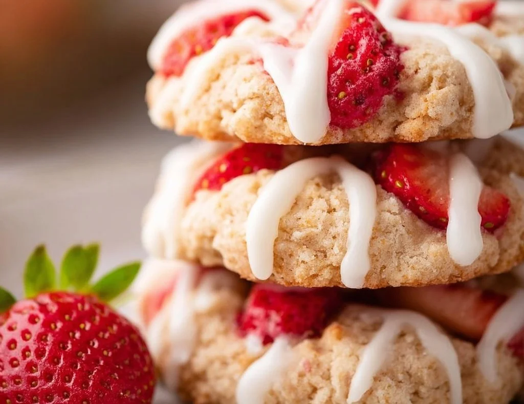 Delicious Strawberry Shortcake Cookies with fresh strawberries and creamy frosting