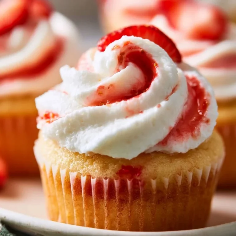 Delicious strawberry shortcake cupcakes topped with fresh strawberries and whipped cream.