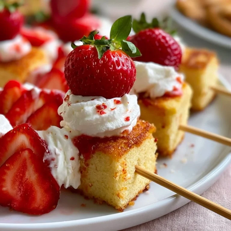 Strawberry shortcake kabobs with fresh strawberries and whipped cream.