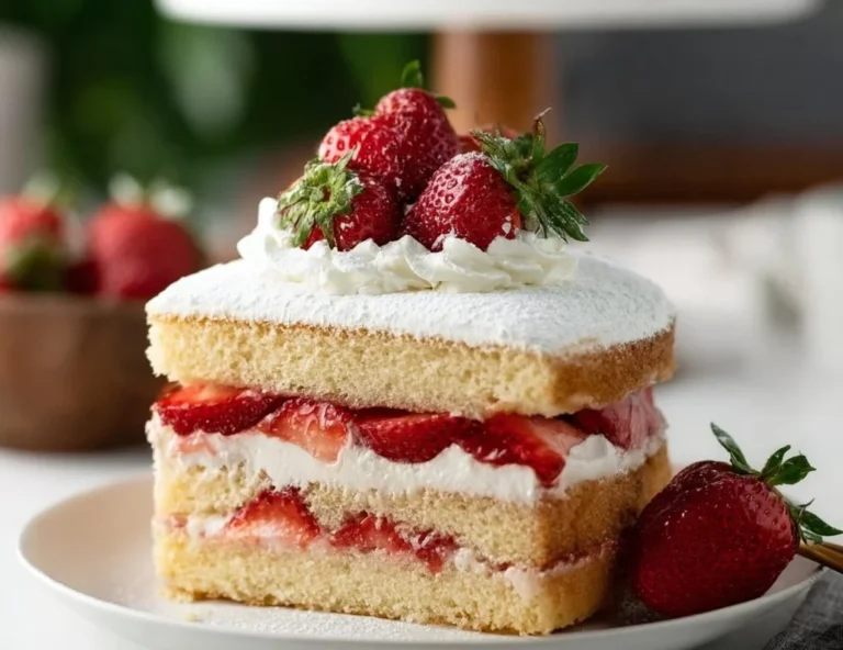 Strawberry 'Shortcake' Layer Cake beautifully layered with fresh strawberries and cream