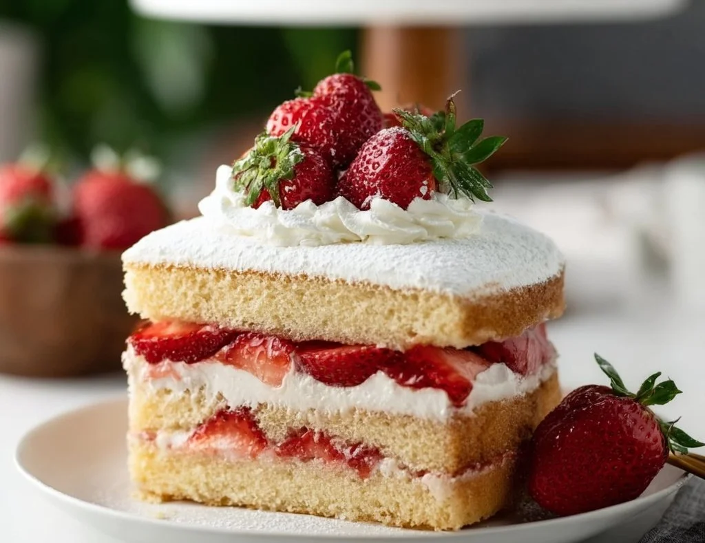 Strawberry 'Shortcake' Layer Cake beautifully layered with fresh strawberries and cream